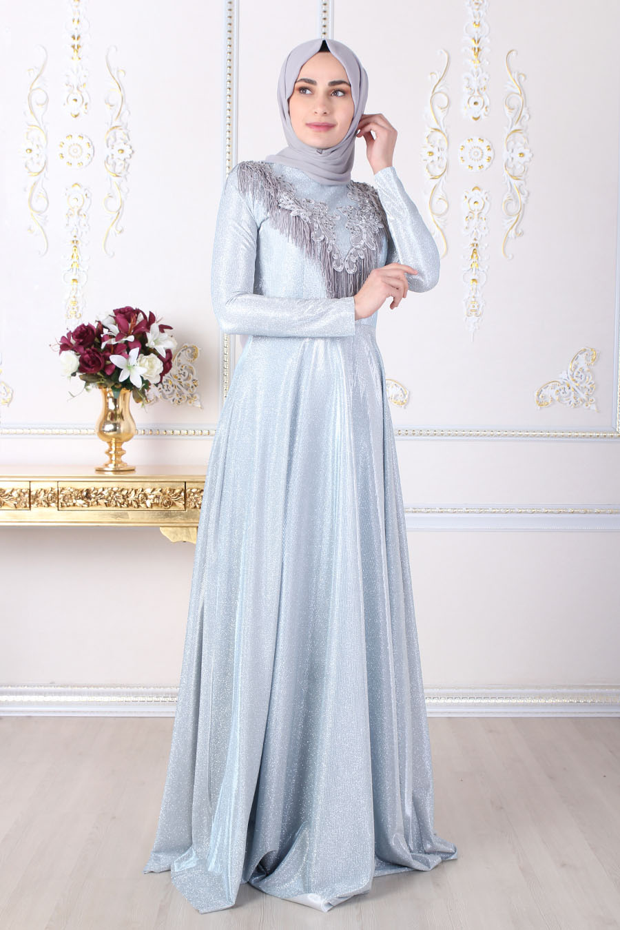 SILVERY ICE BLUE EVENING DRESS