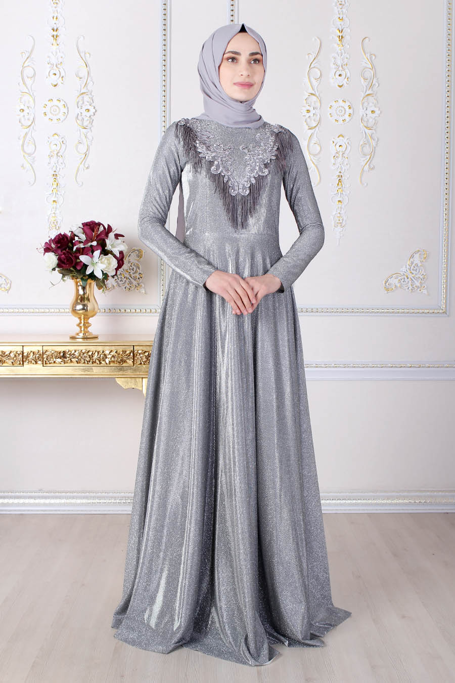 SILVERY ANTHRACITE COLOR EVENING DRESS