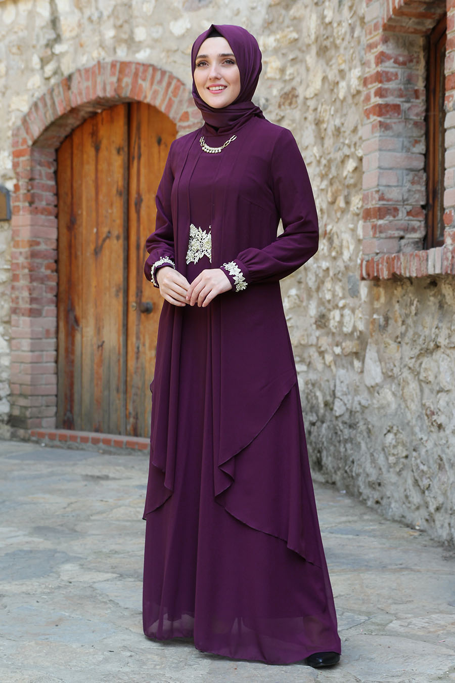 Lace Detailed Purple Evening Dress