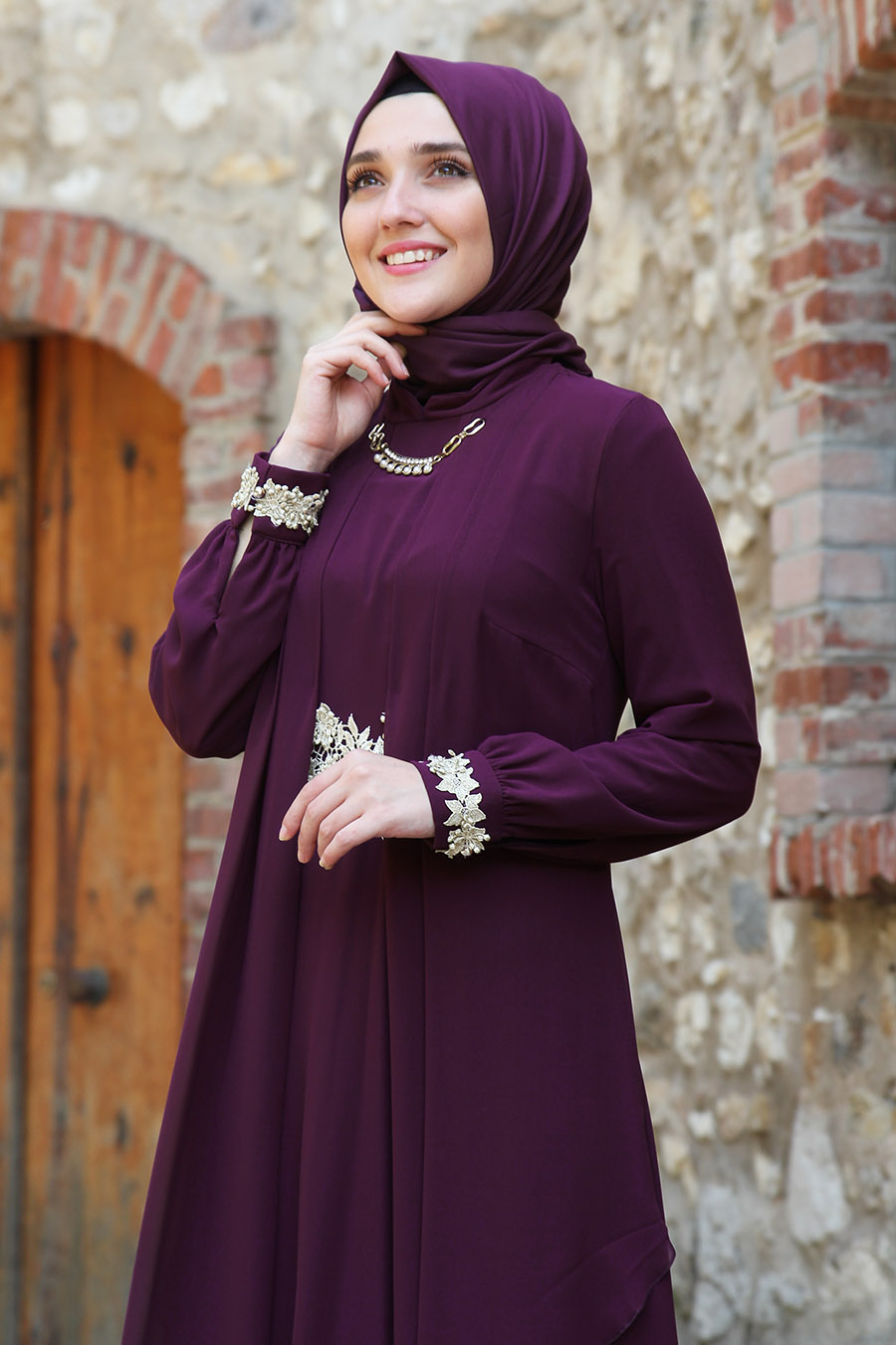 Lace Detailed Purple Evening Dress