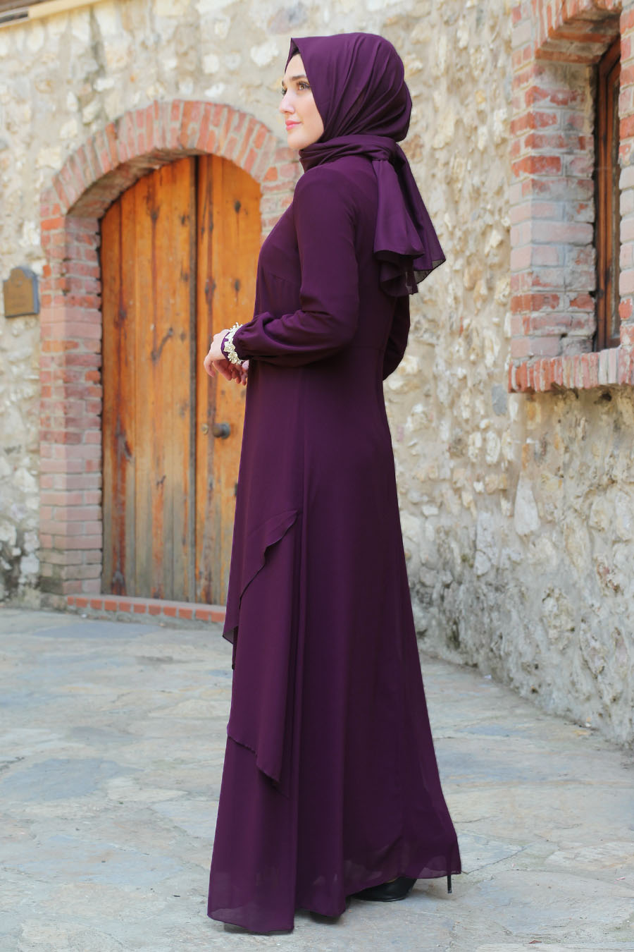 Lace Detailed Purple Evening Dress