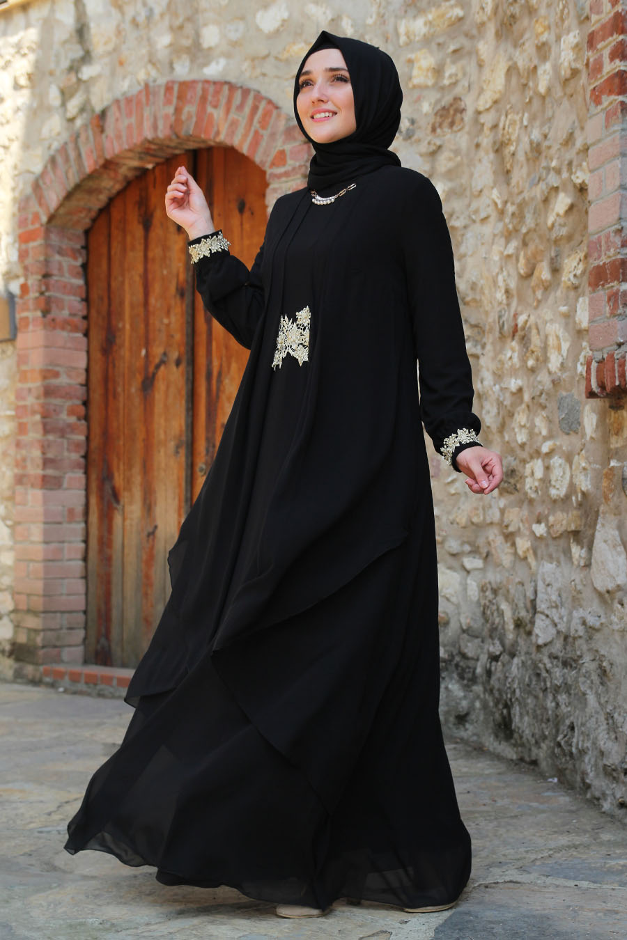 Lace Detailed Black Evening Dress