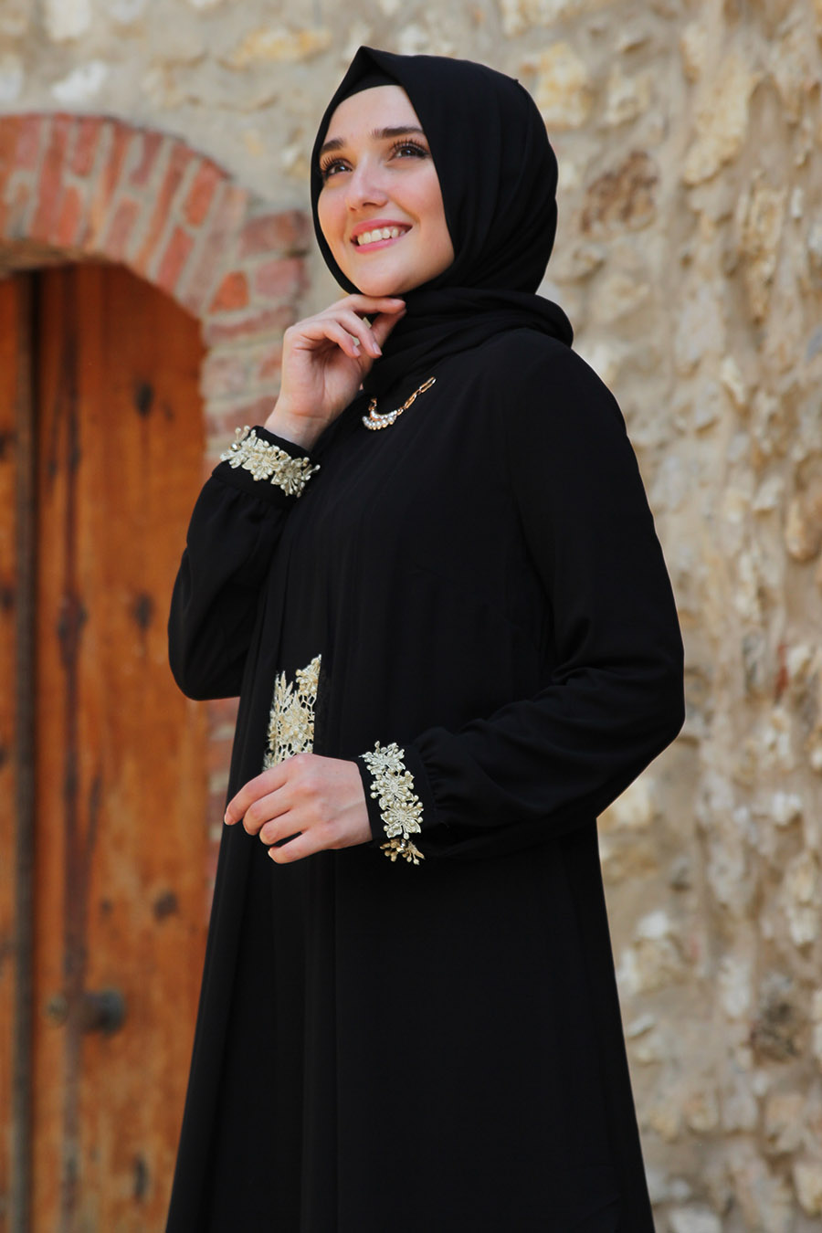 Lace Detailed Black Evening Dress