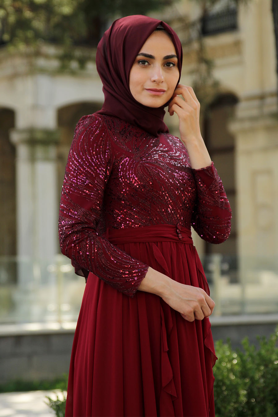 SEQUIN DETAILED CLARET RED EVENING DRESS