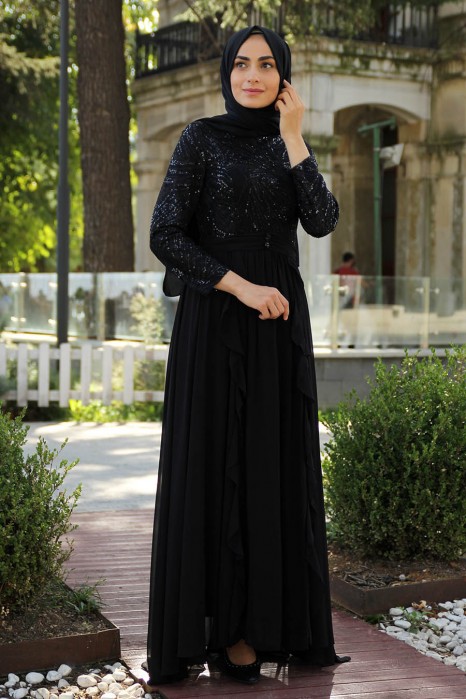 SEQUIN DETAILED BLACK EVENING DRESS