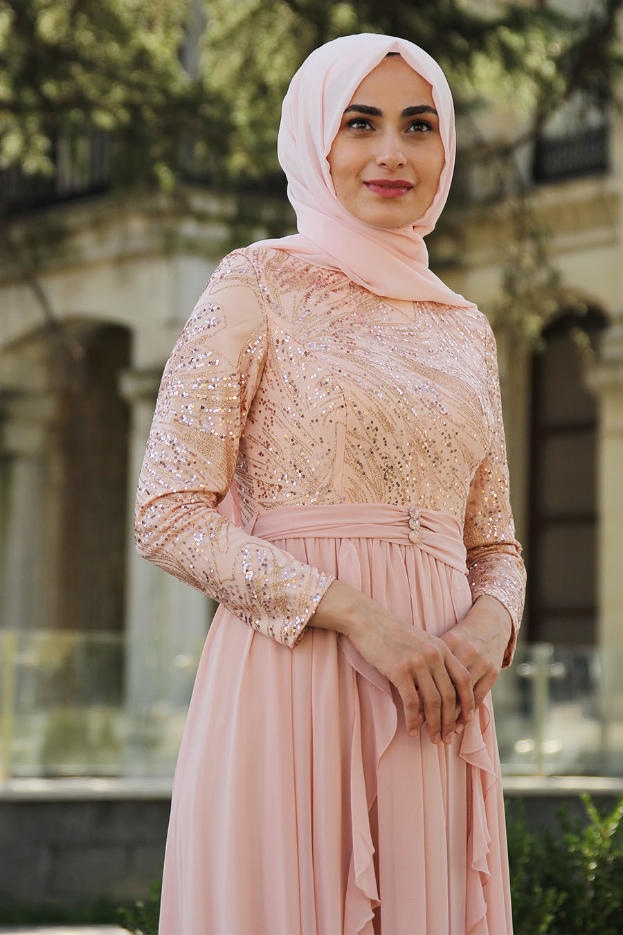 SEQUIN DETAILED SALMON COLOR EVENING DRESS