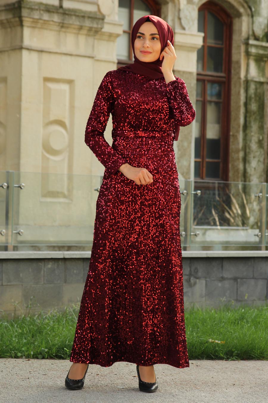 SEQUIN DETAILED CLARET RED EVENING DRESS