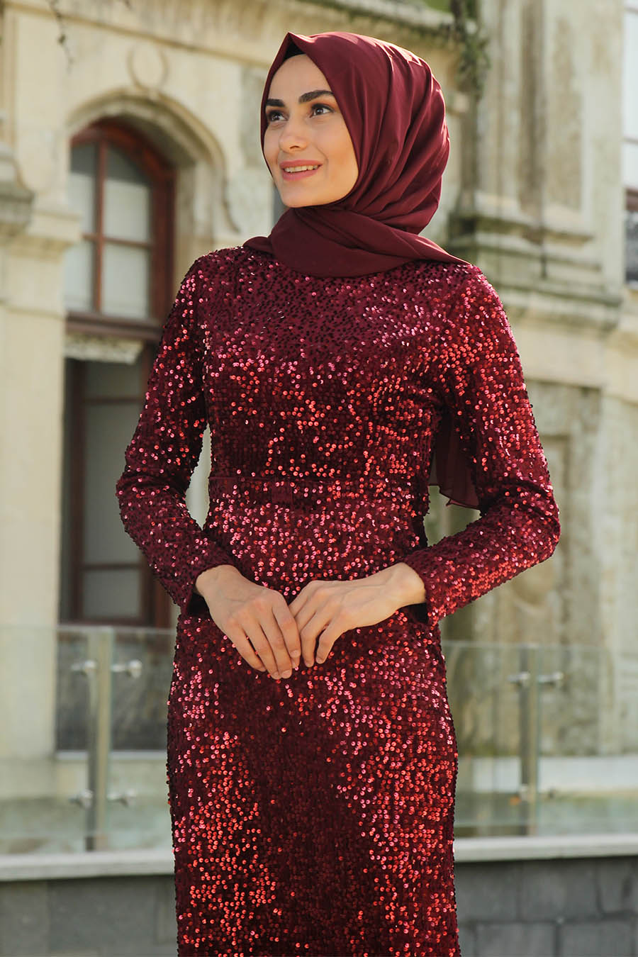 SEQUIN DETAILED CLARET RED EVENING DRESS