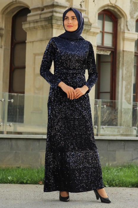 SEQUIN DETAILED NAVY BLUE EVENING DRESS