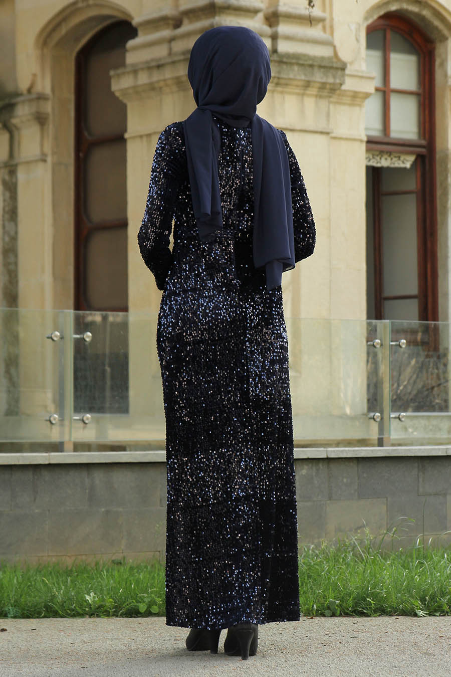 SEQUIN DETAILED NAVY BLUE EVENING DRESS