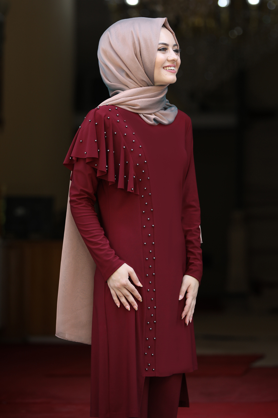 CLARET RED TUNIC AND PANT SUIT