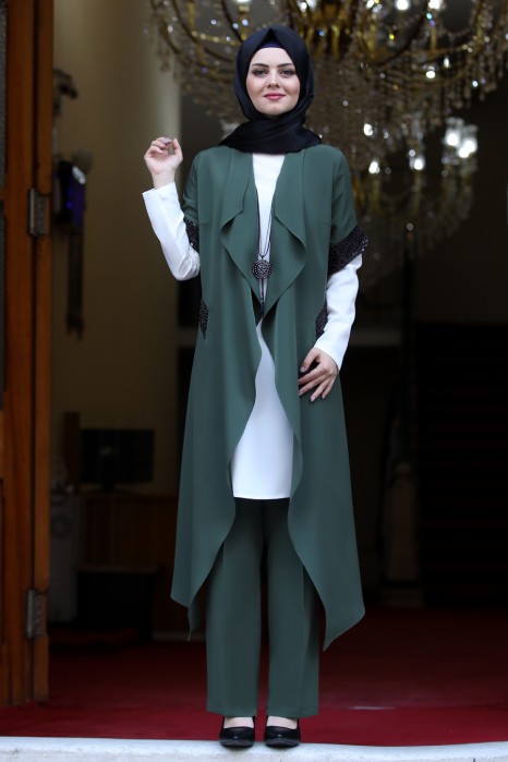 KHAKI VEST TUNIC AND PANT SUIT