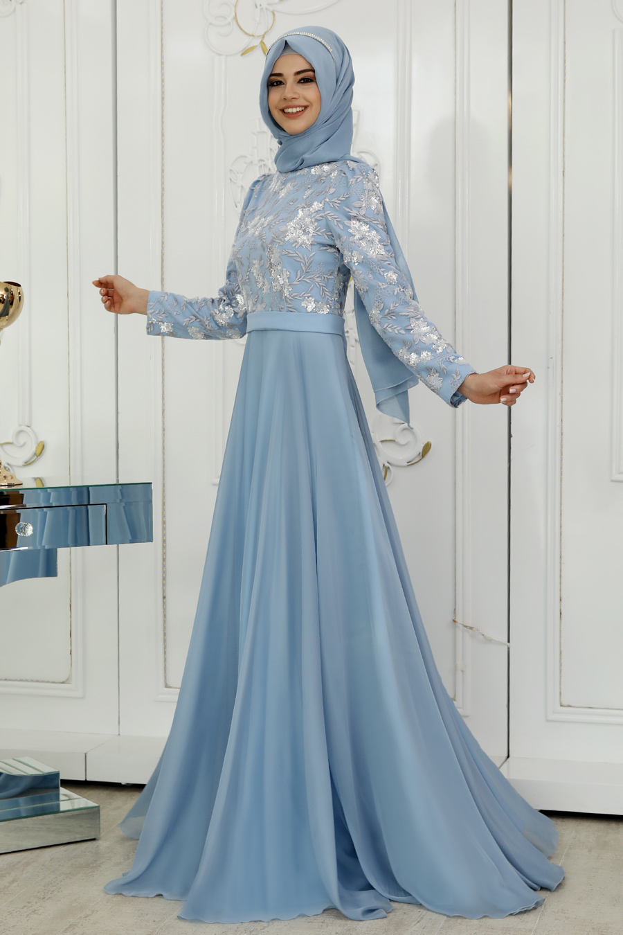 Powder blue evening best sale dress