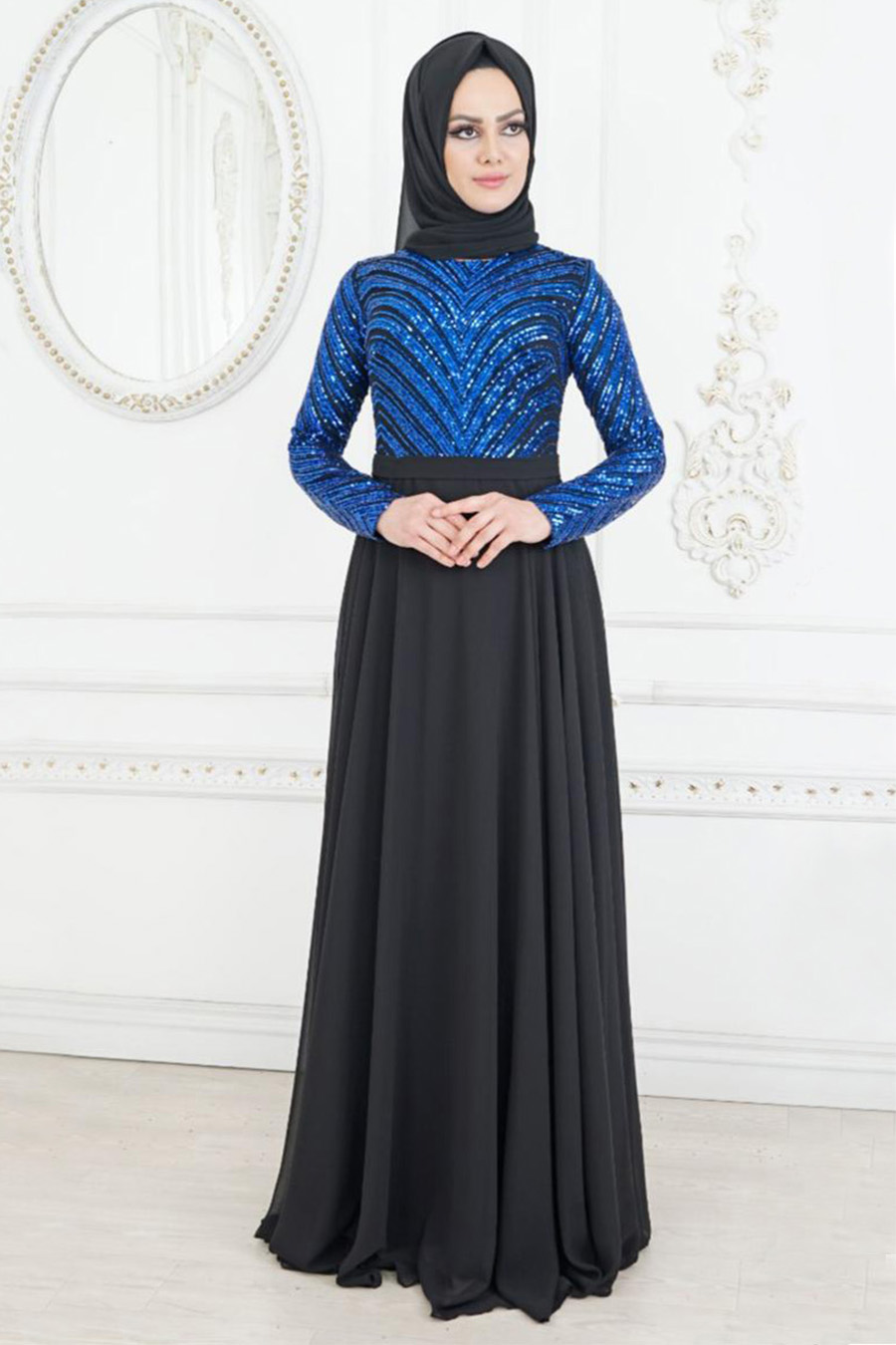 SEQUIN DETAILED SAX BLUE EVENING DRESS