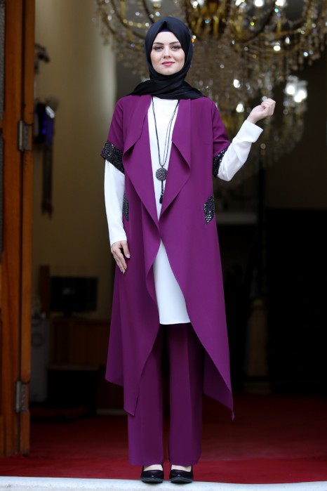 FUCHIA VEST TUNIC AND PANT SUIT