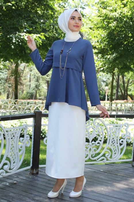 INDIGO BLOUSE AND ECRU SKIRT SUIT