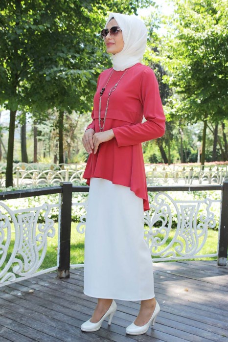 CORAL COLOR BLOUSE AND ECRU SKIRT SUIT