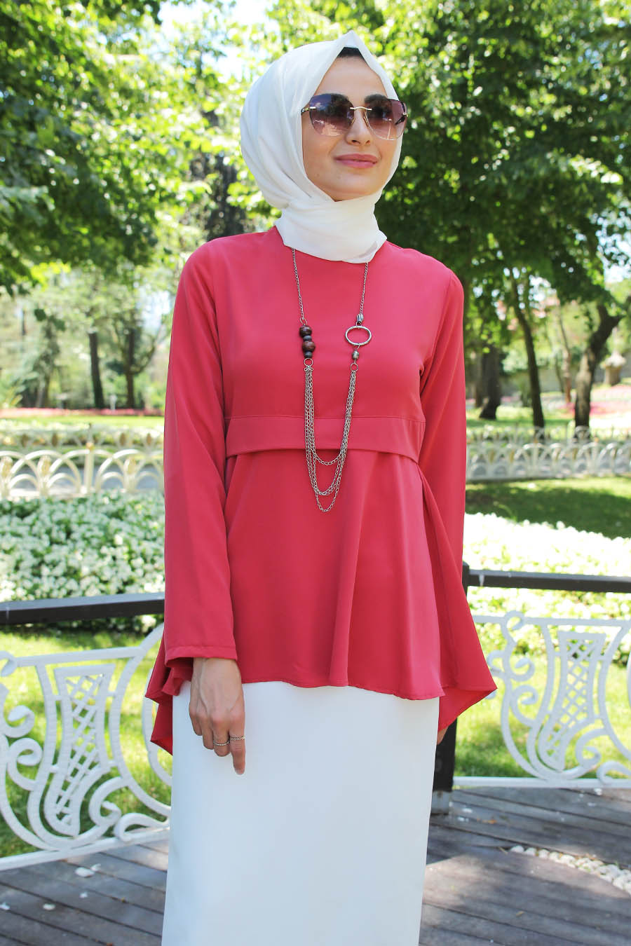 CORAL COLOR BLOUSE AND ECRU SKIRT SUIT
