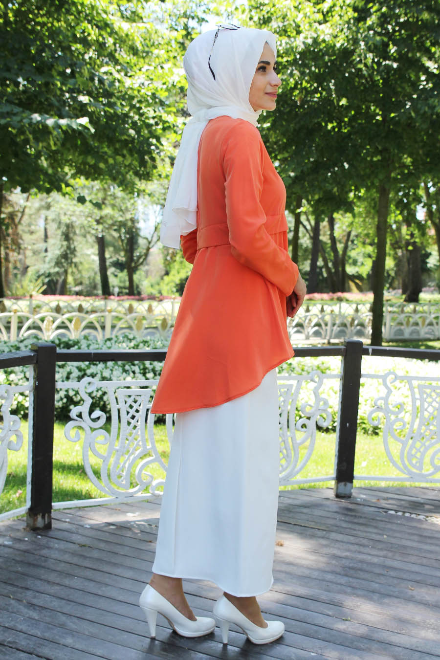 ORANGE BLOUSE AND ECRU SKIRT SUIT