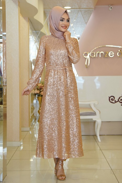 SEQUIN DETAILED COPPERTONE EVENING DRESS