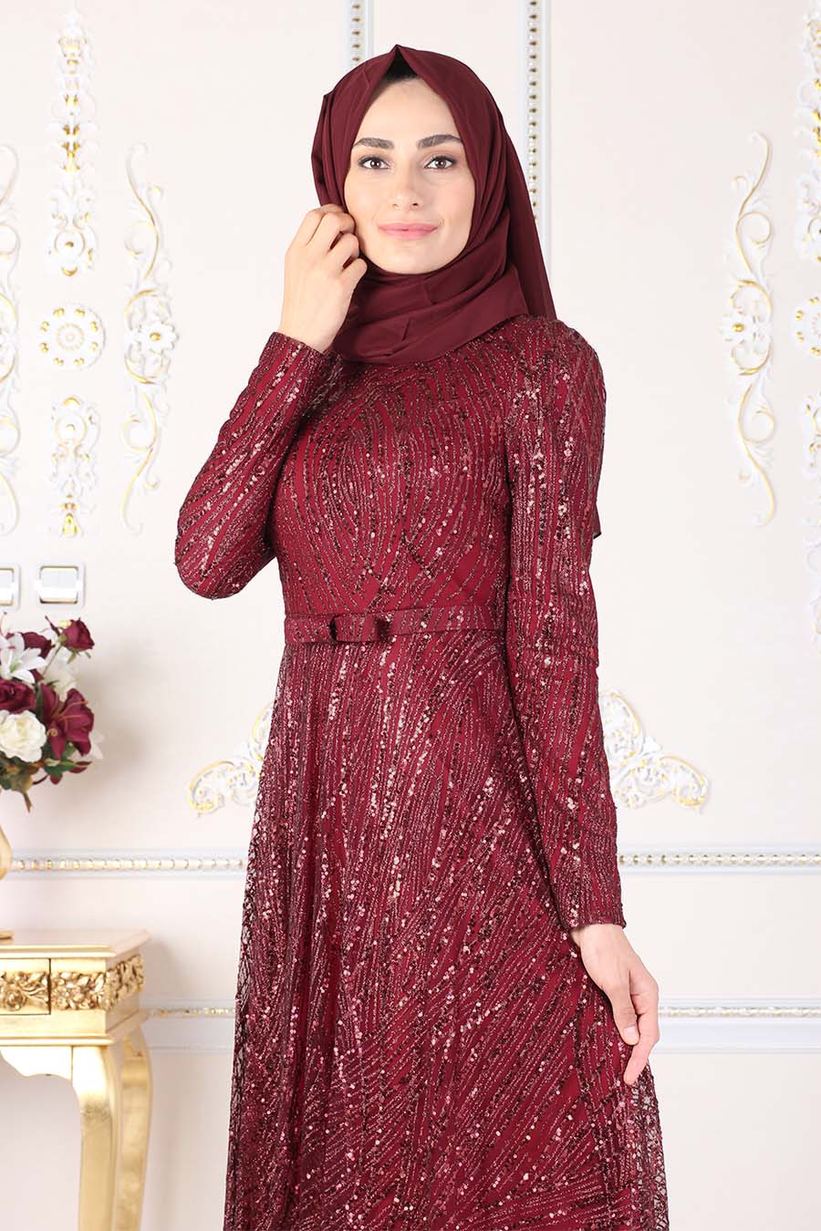 SEQUIN DETAILED CLARET RED EVENING DRESS
