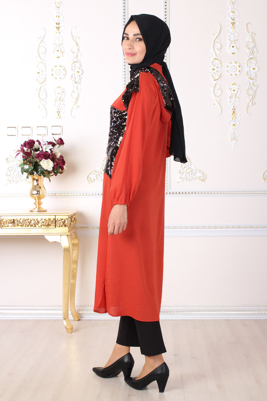 SEQUIN DETAILED BRICK COLOR COAT