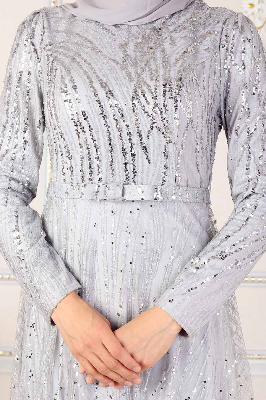 SEQUIN DETAILED GREY EVENING DRESS SEQUIN DETAILED GREY EVENING DRESS