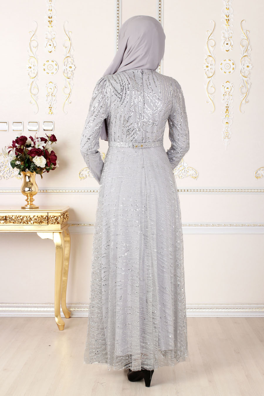 SEQUIN DETAILED GREY EVENING DRESS SEQUIN DETAILED GREY EVENING DRESS
