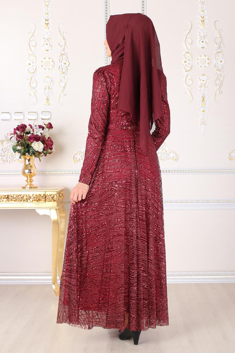 SEQUIN DETAILED CLARET RED EVENING DRESS