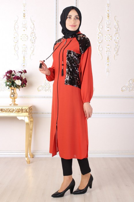 SEQUIN DETAILED BRICK COLOR COAT