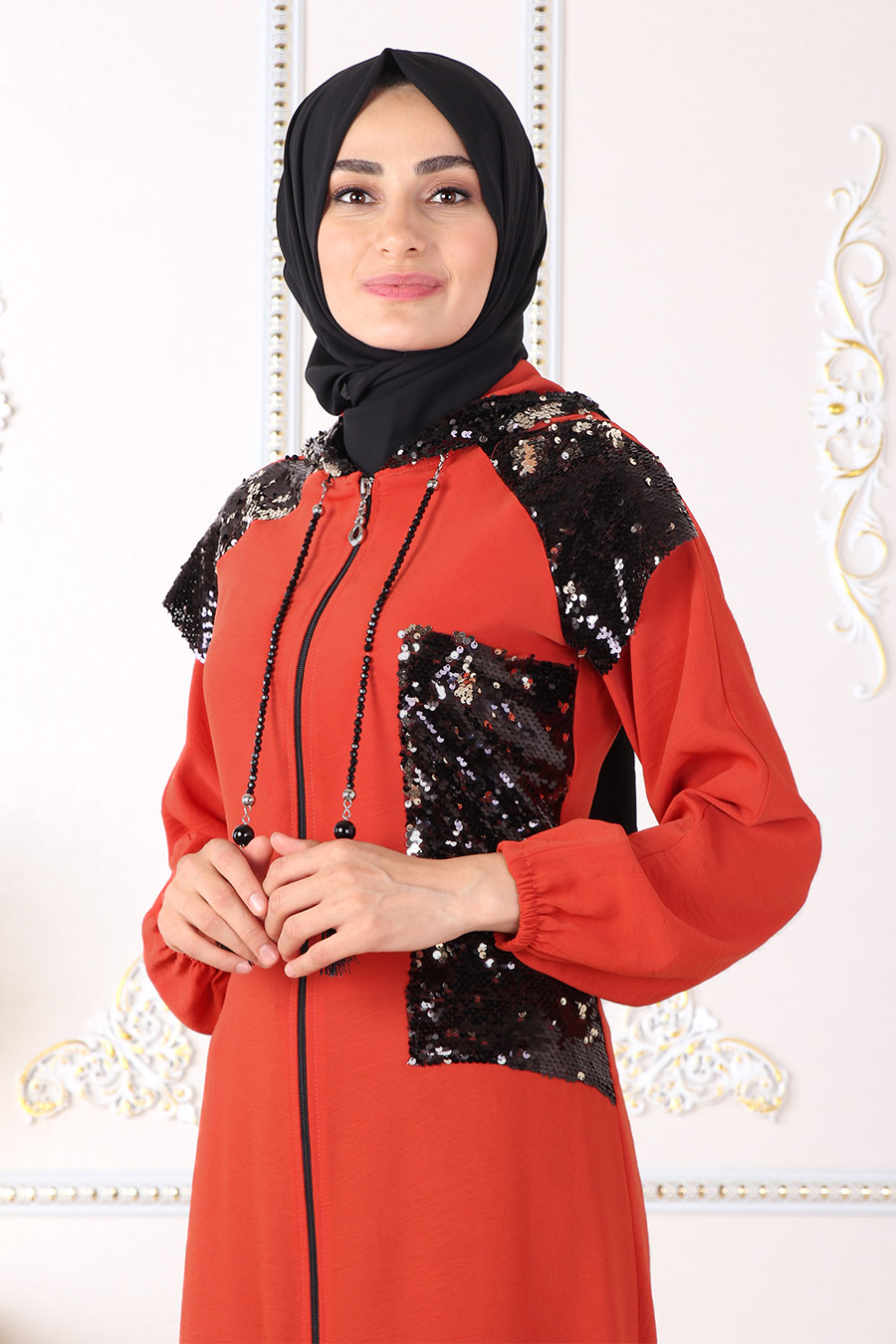 SEQUIN DETAILED BRICK COLOR COAT