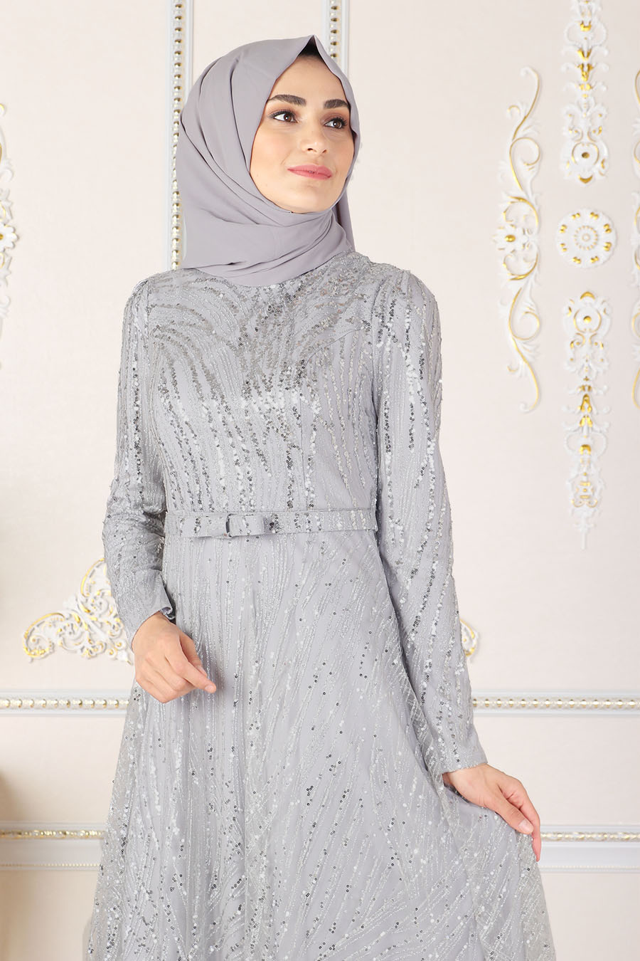 SEQUIN DETAILED GREY EVENING DRESS SEQUIN DETAILED GREY EVENING DRESS