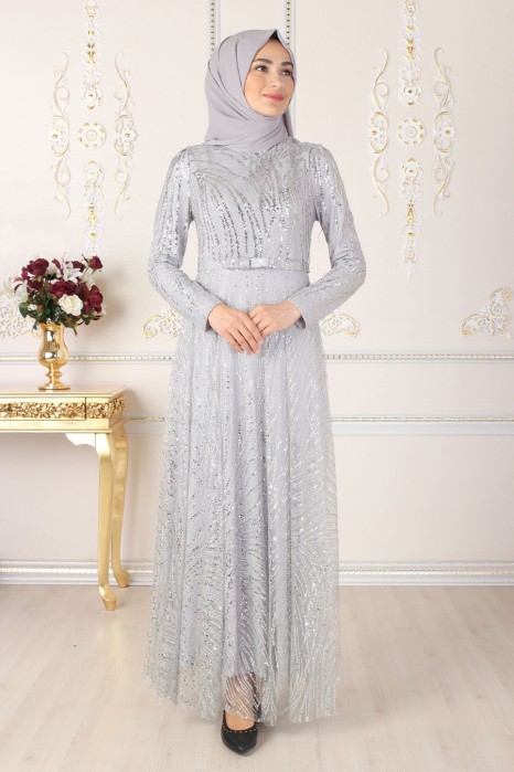 SEQUIN DETAILED GREY EVENING DRESS