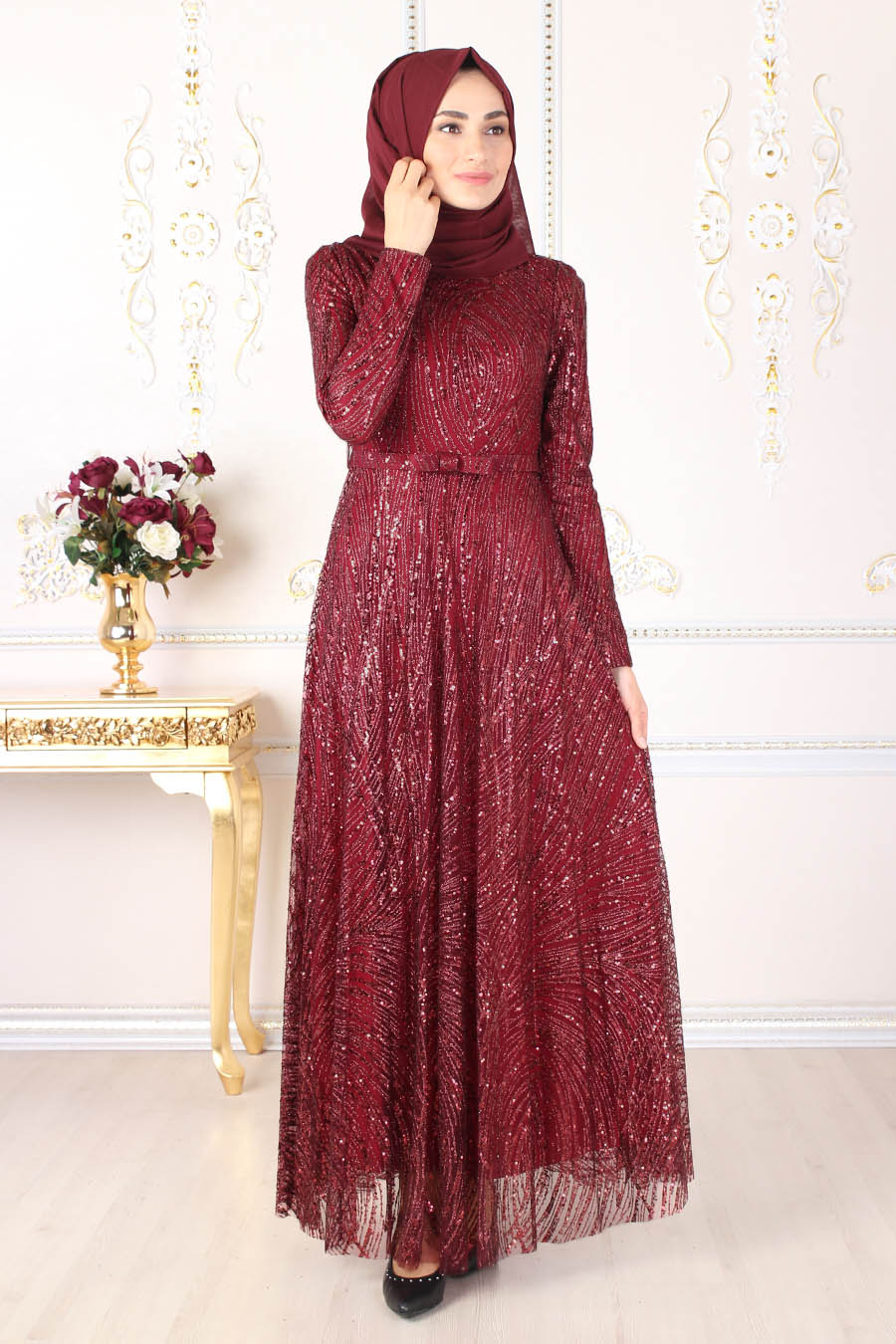 SEQUIN DETAILED CLARET RED EVENING DRESS