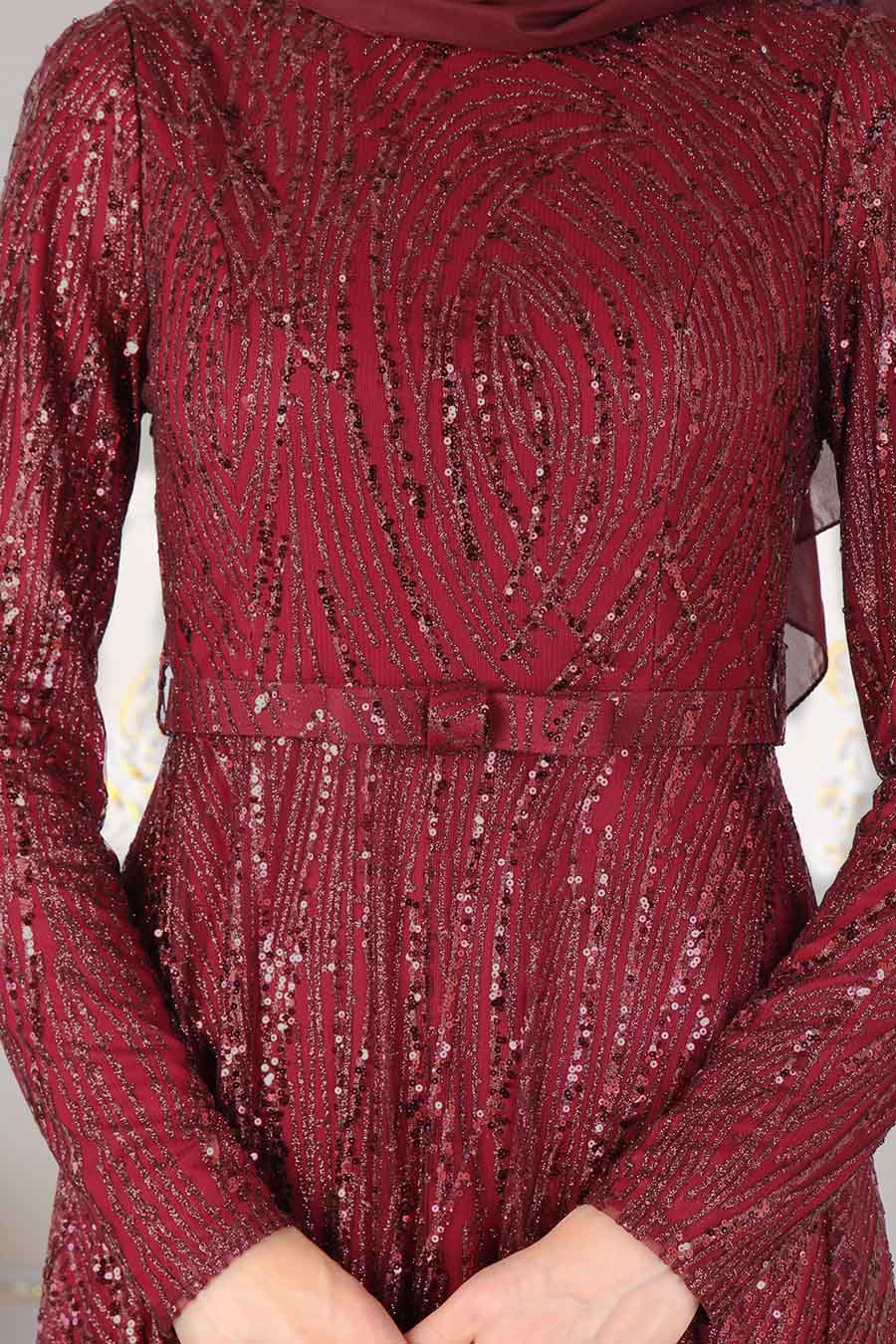 SEQUIN DETAILED CLARET RED EVENING DRESS