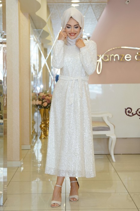 SEQUIN DETAILED WHITE EVENING DRESS