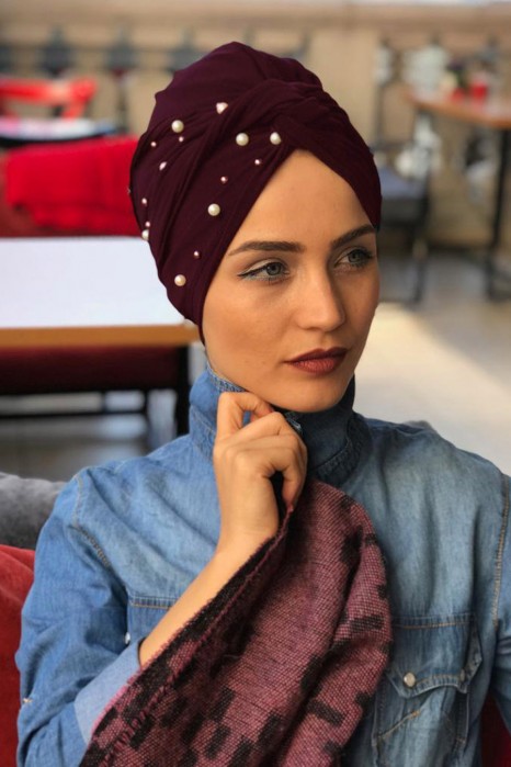 PEARL DETAILED PLUM TURBAN HIJAB