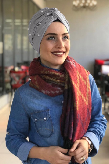 PEARL DETAILED GREY TURBAN HIJAB