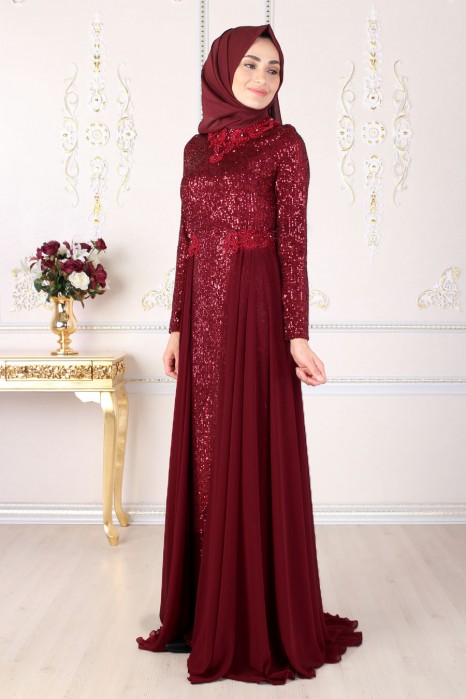 SEQUIN DETAILED CLARET RED EVENING DRESS