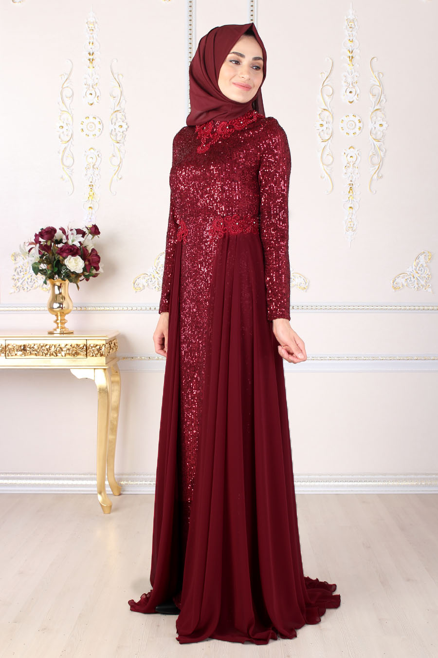 SEQUIN DETAILED CLARET RED EVENING DRESS