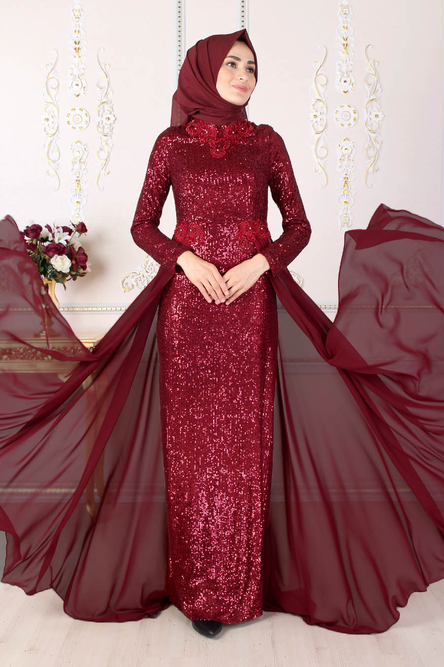 SEQUIN DETAILED CLARET RED EVENING DRESS