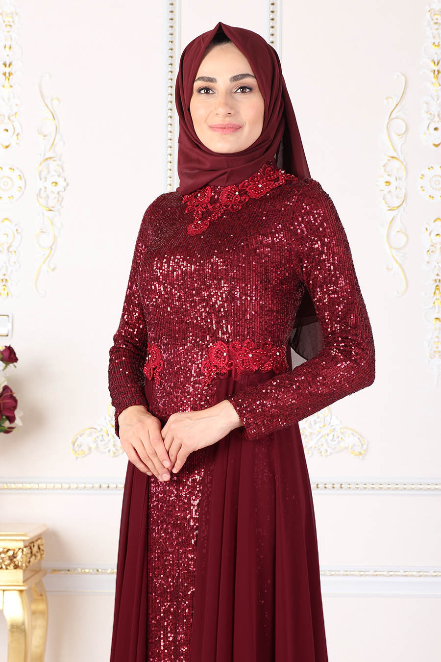 SEQUIN DETAILED CLARET RED EVENING DRESS
