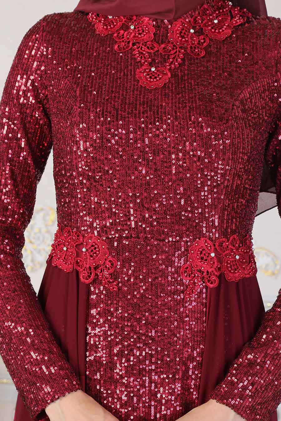 SEQUIN DETAILED CLARET RED EVENING DRESS