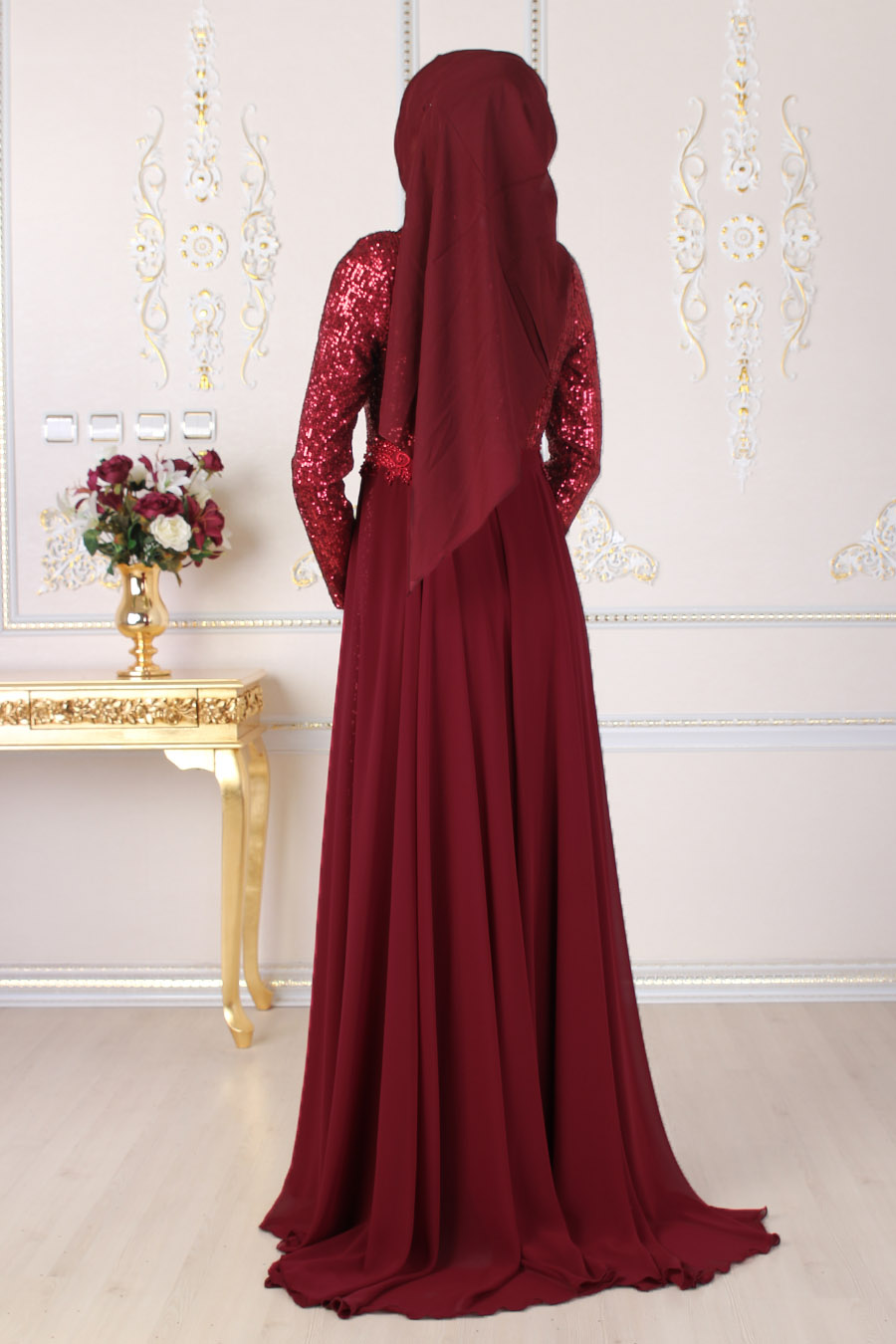 SEQUIN DETAILED CLARET RED EVENING DRESS