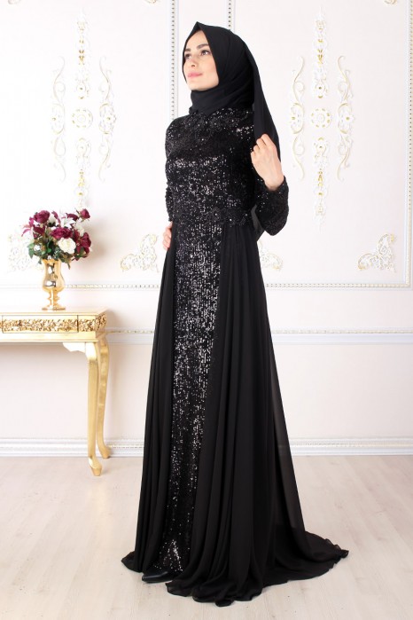 SEQUIN DETAILED BLACK EVENING DRESS
