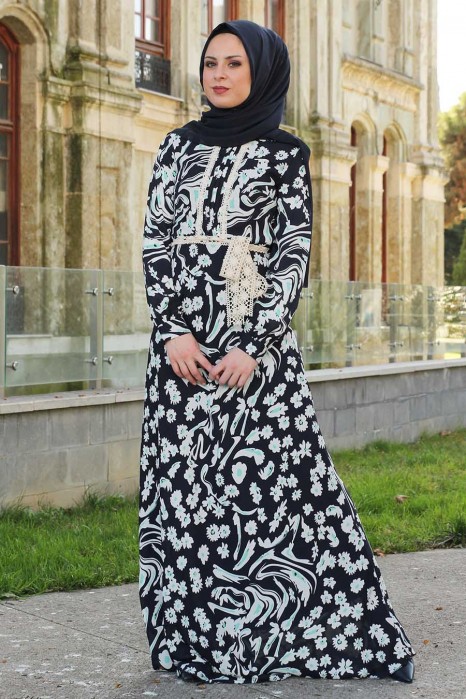 FLOWER PATTERNED NAVY BLUE DRESS