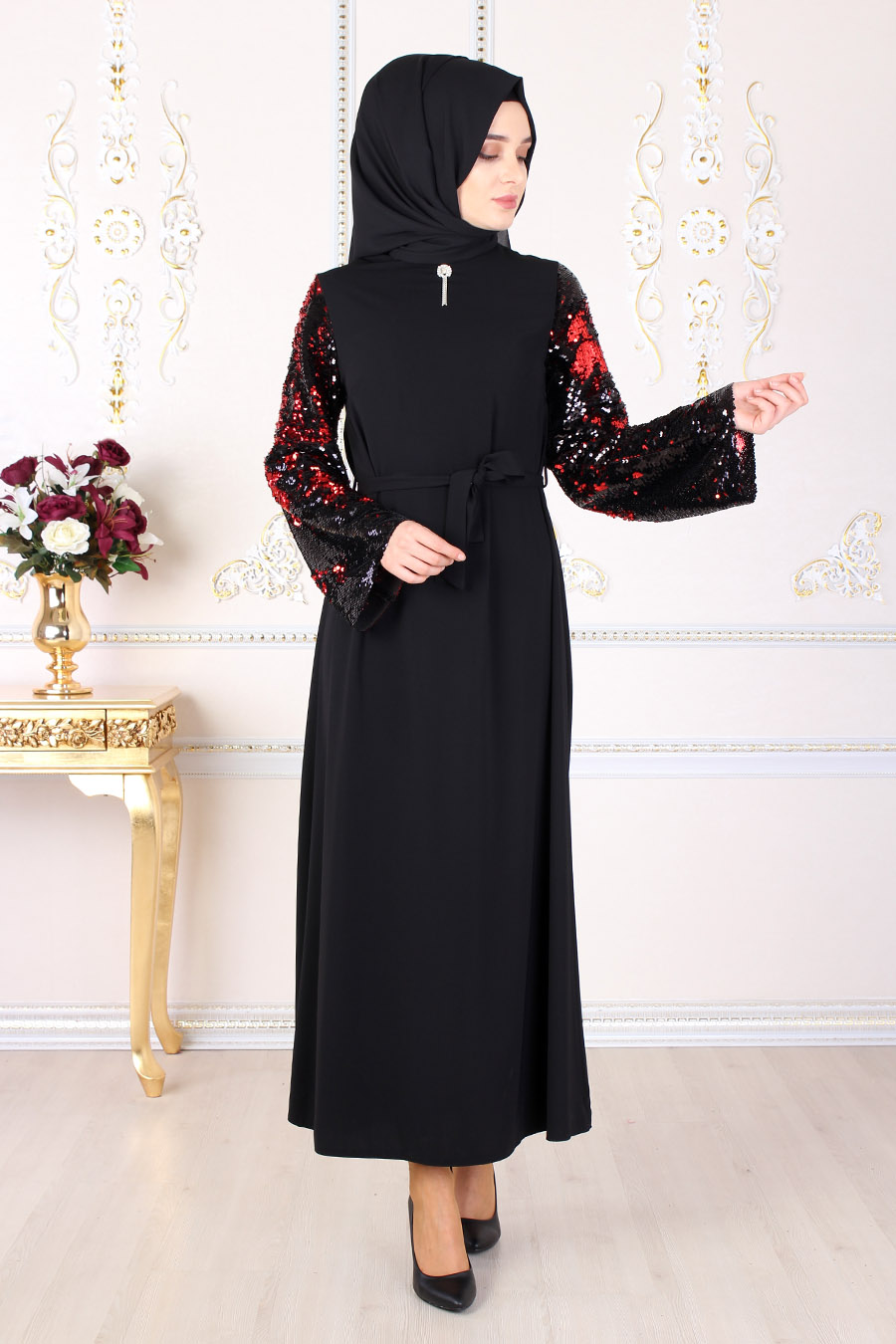 RED SEQUIN DETAILED ABAYA