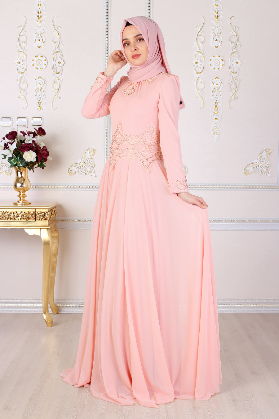 SALMON COLOR EVENING DRESS