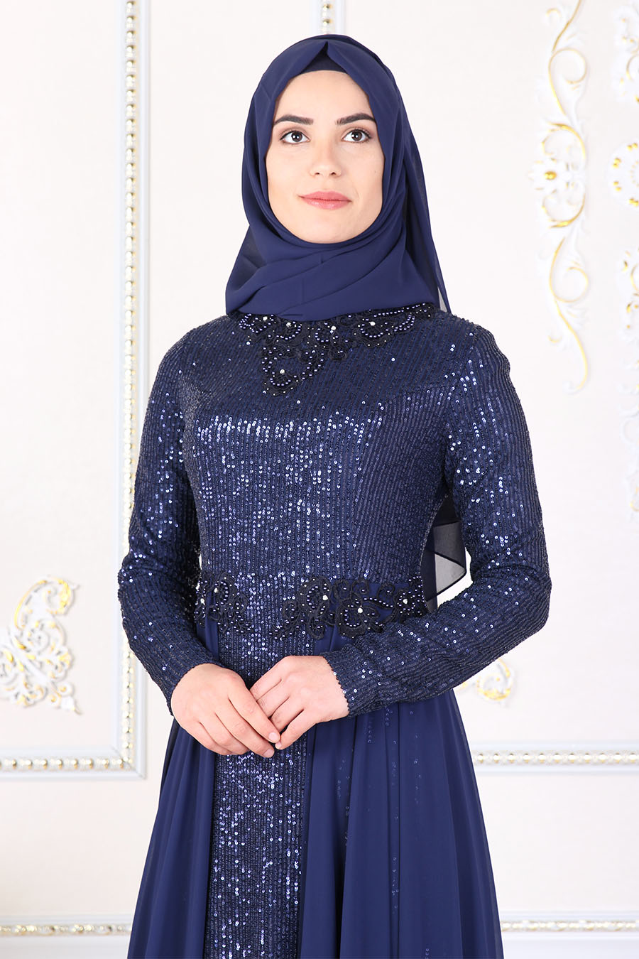 SEQUIN DETAILED NAVY BLUE EVENING DRESS