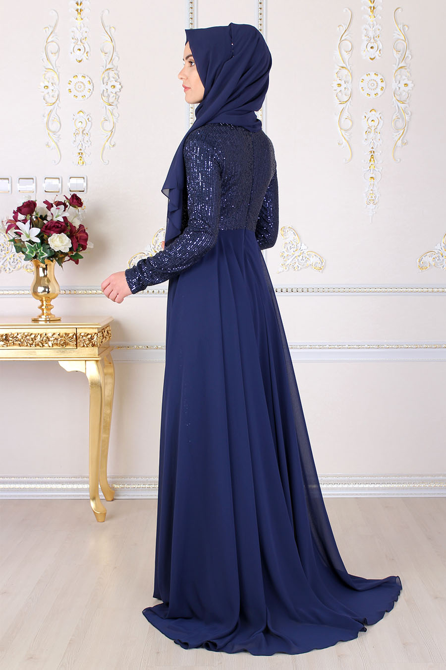 SEQUIN DETAILED NAVY BLUE EVENING DRESS
